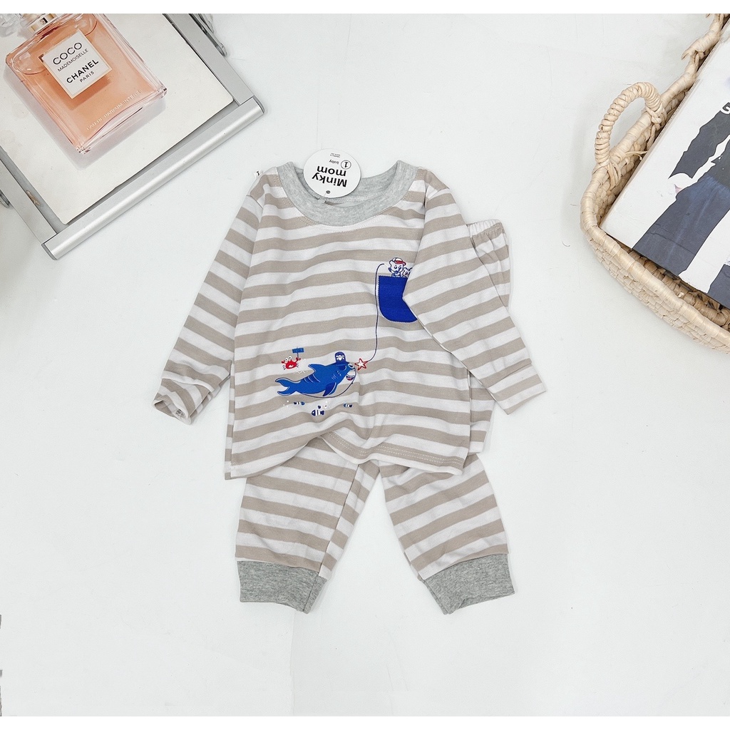 Bộ quần áo thu đông bé trai, bé gái, bộ nỉ cotton kẻ họa tiết dễ thương cho bé