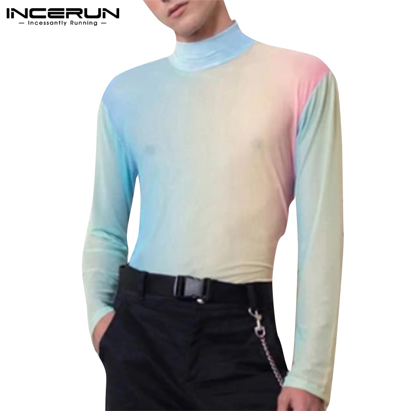 Áo thun INCERUN tay dài cổ cao tròn màu gradient thời trang cho nam