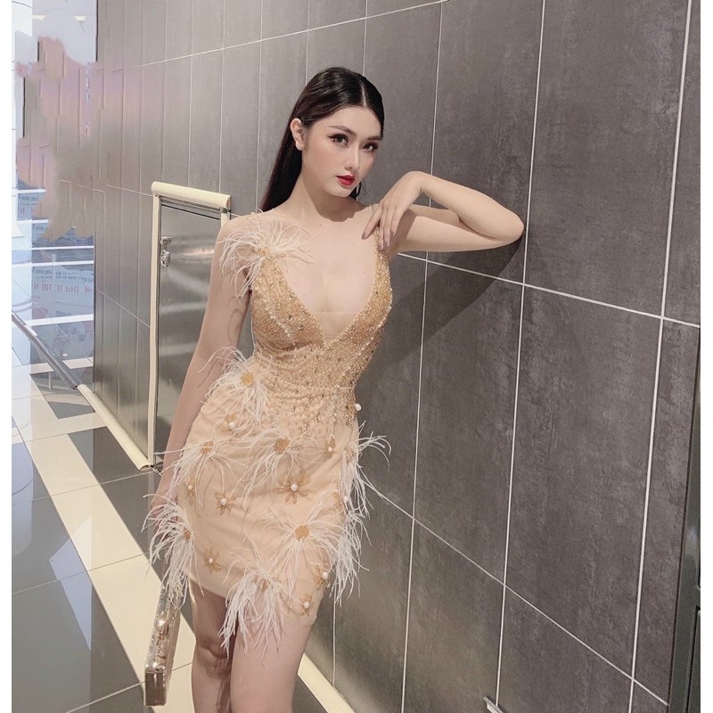 Đầm body dự tiệc kết cườm phối lông công TRIPBLE T DRESS - size M/L - MS319V