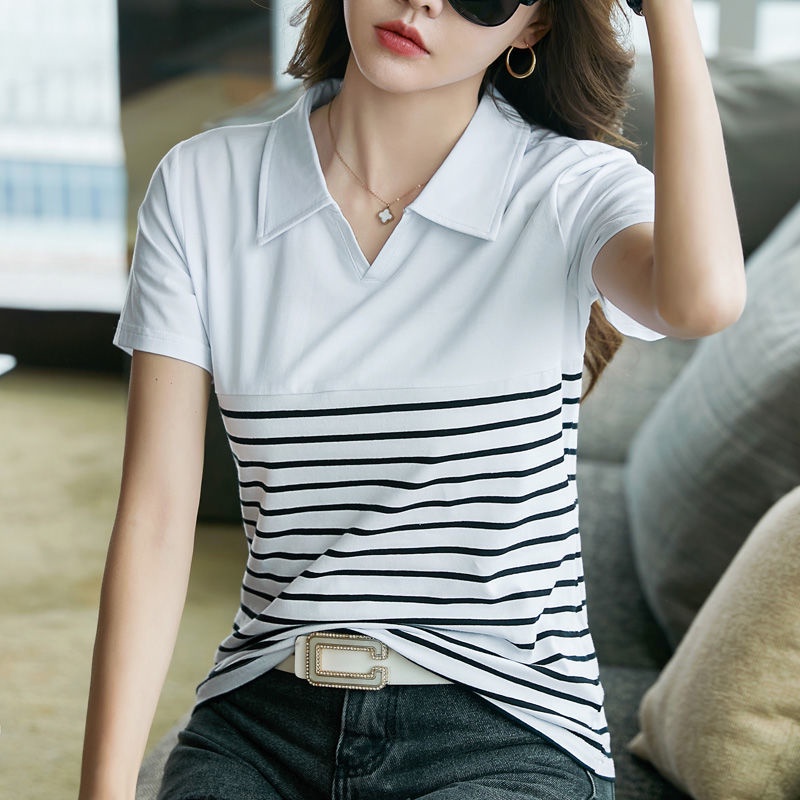 Áo polo Cotton Ngắn Tay Họa Tiết Kẻ Sọc Thời Trang Mùa Hè Cho Nữ