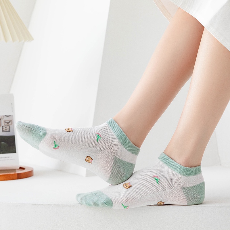 Combo 5 đôi tất vớ nữ cổ thấp cotton hoạ tiết chú chó nâu xanh lá cây cute
