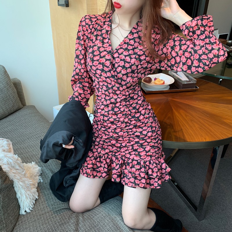 Đầm dáng ôm hoa nhí mini tay dài Emilyshop