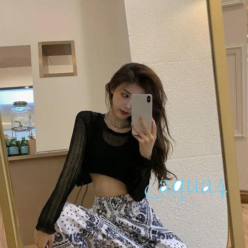 Áo Croptop Dệt Kim Tay Dài Cổ Tròn Màu Trơn Thời Trang Đi Biển Mùa Hè