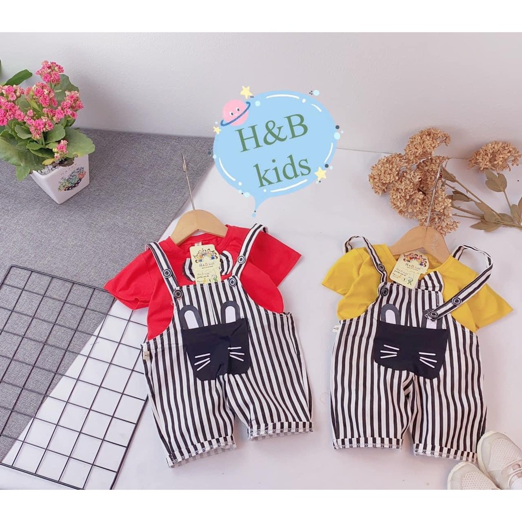 sét yếm bé gái áo thun tay ngắn kèm yếm hai dây kẻ sọc túi mèo siêu dễ thương size từ 1-3 tuổi KL035