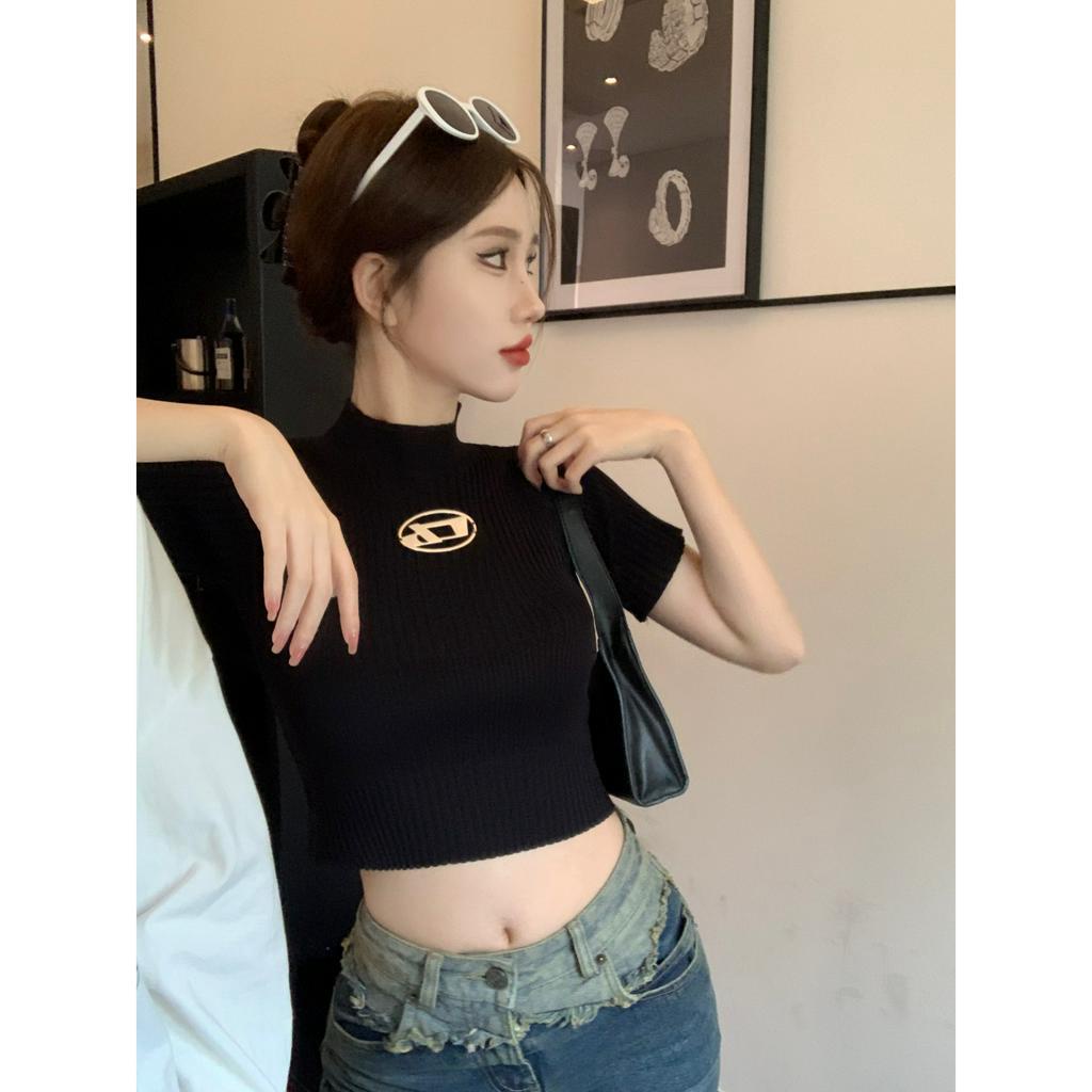 Y2K Áo Croptop Dệt Kim Tay Ngắn Cổ Cao Dáng Ôm Thời Trang Cho Nữ