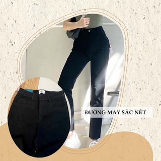 Quần đen nữ ống đứng cạp cao vải jeans co giãn basic - La’coba