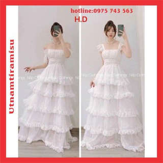 Đầm Trắng Công Chúa nhiều tầng dự tiệc👗Váy Maxi thiết kế trễ vai sang trọng Vintage Tiểu Thư🎀Váy 2 dây dáng xòe