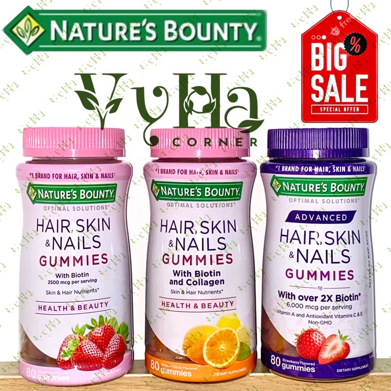 (Bill US) Kẹo Dẻo Nature’s Bounty Hair, Skin & Nails Collagen Gummies – With Biotin and Colagen (Vị Cam)