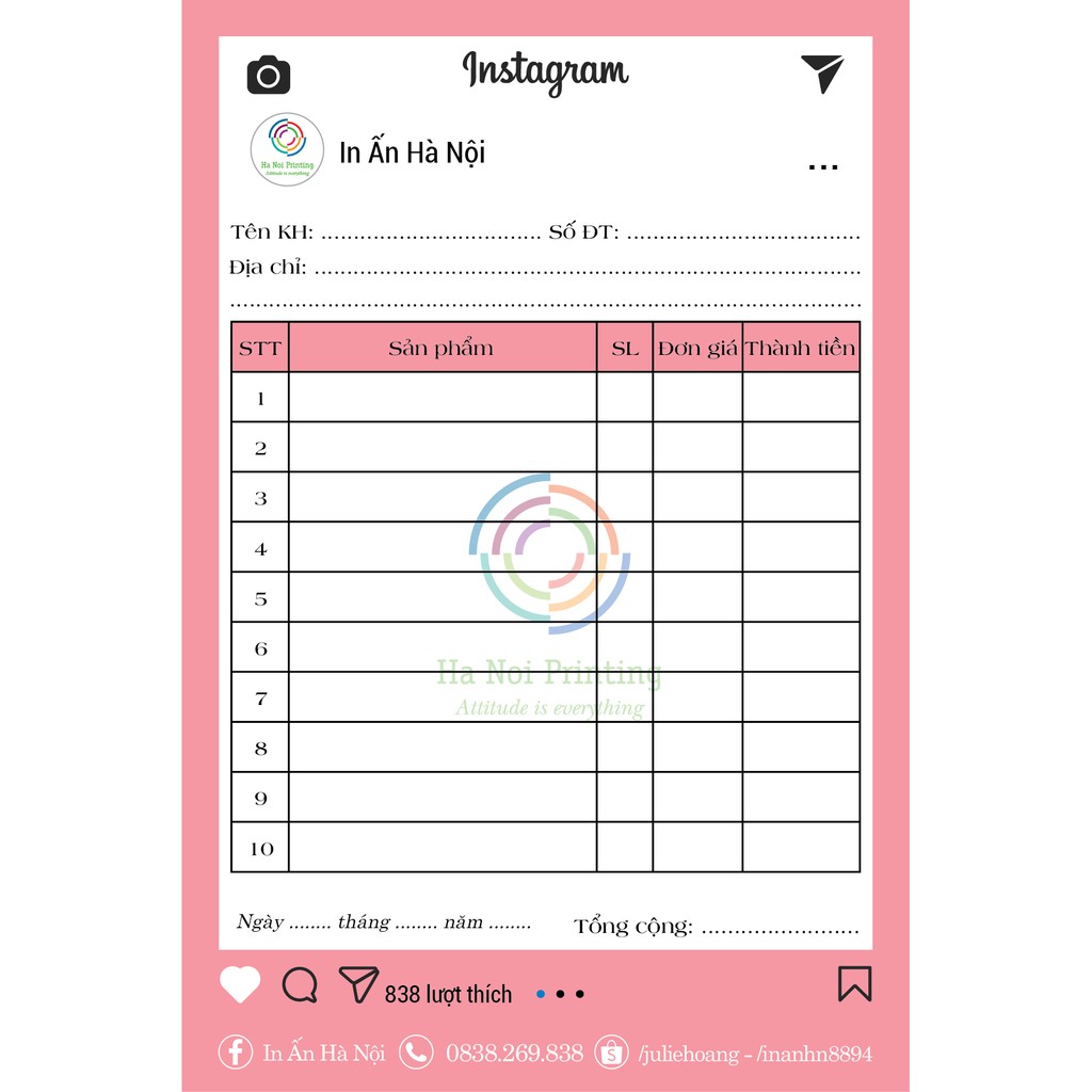 Hóa Đơn Bán Hàng In Theo Yêu Cầu Form Instagram/Facebook