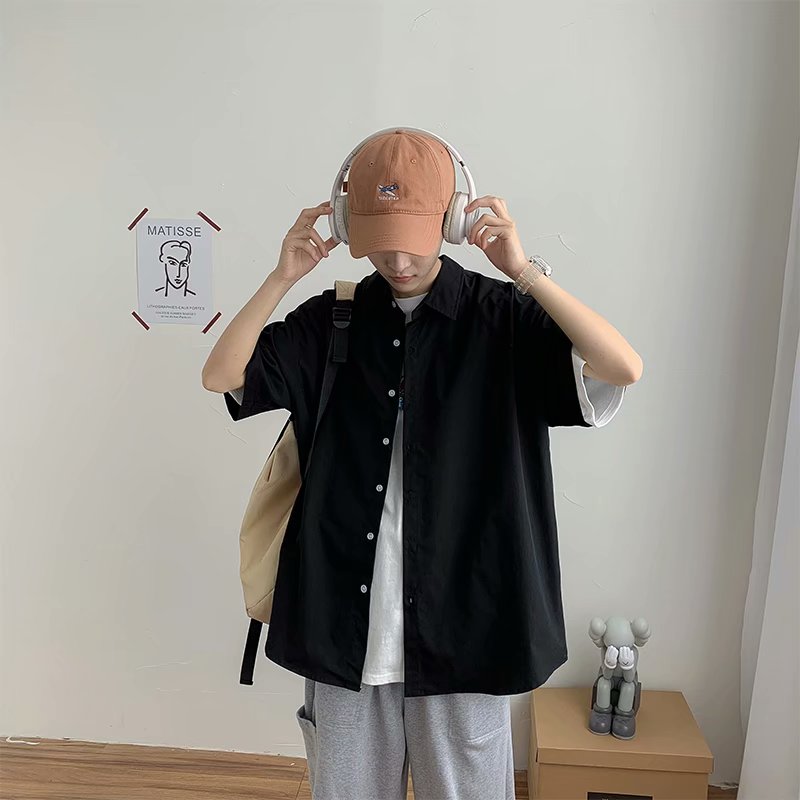 Korean Fashion Men's Short Sleeve Solid Color Shirt Size M-2Xl