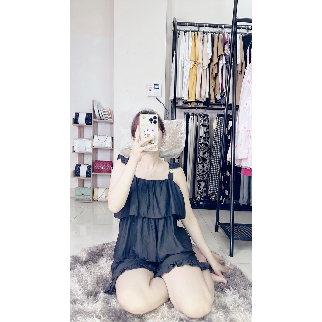 Bộ mặc nhà 2 dây bản to quần đùi mát mẻ, chất vải đũi nhẹ tênh lên dáng tiểu thư Minxu Shop SE03