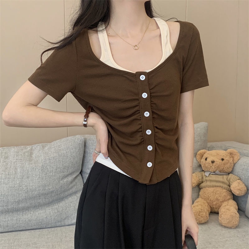 Áo Thun Ngắn Tay Giả Hai Lớp Màu Sắc Tương Phản Phong Cách Hàn Quốc Dành Cho Nữ