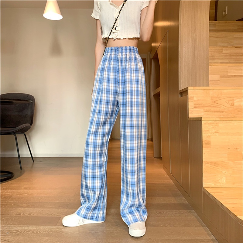 [procoolVN]Retro Plaid Wide-leg Pants Women Plaid Loose High Waist Wide Leg Long Trousers