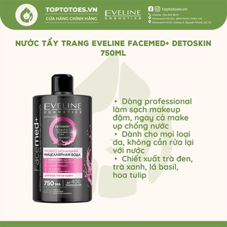 Nước tẩy trang Eveline Facemed+ Detoskin 750ml lành tính, tẩy sạch hiệu quả lớp make up chống nước
