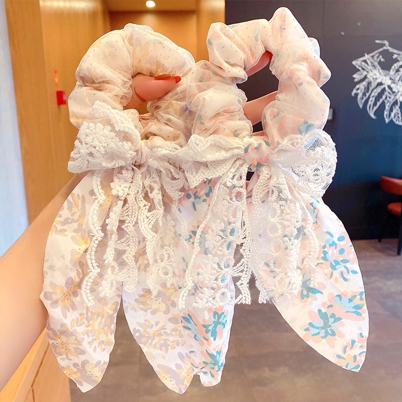 Dây Buộc Tóc Cao Su Bọc Vải Chiffon Ren Hoa Thanh Lịch Thời Trang Cho Nữ