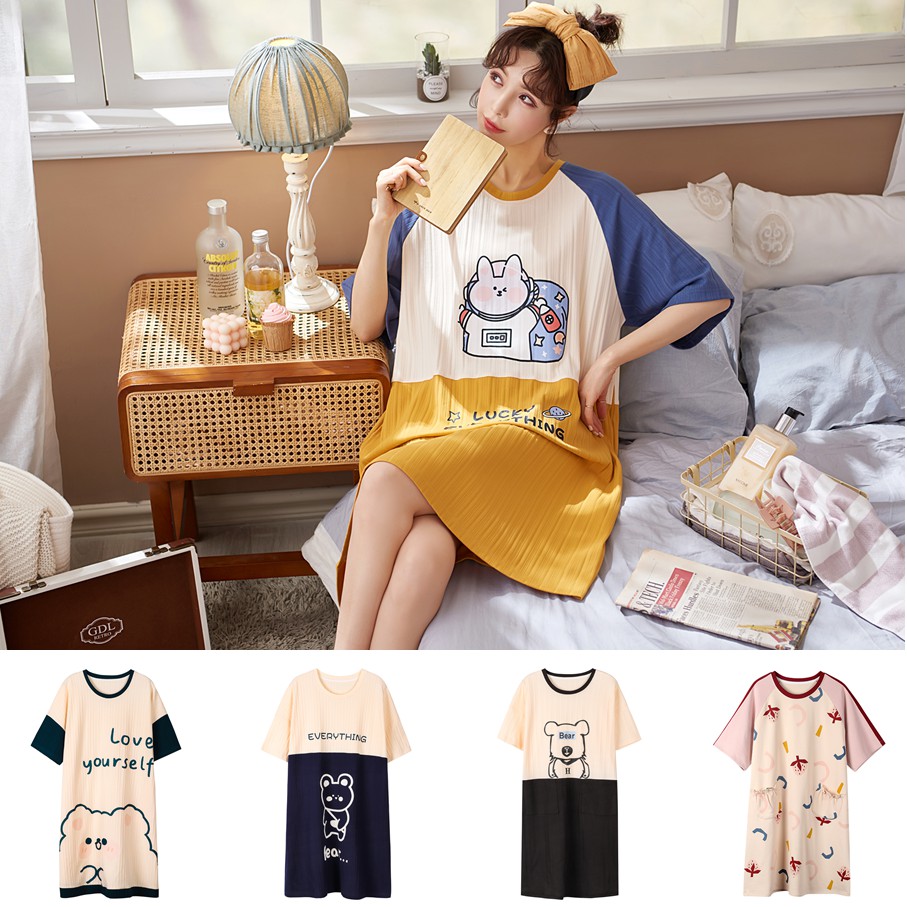 [Ready Stock]Little Bear Sleepwear Women Short Sleeve Night Dress Cute Cotton Pyjamas