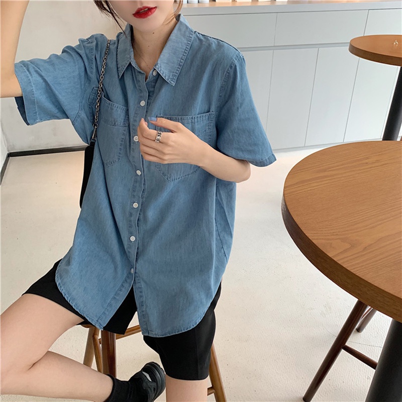 IELGY Áo sơ mi denim tay ngắn thiết kế mỏng thời trang mùa hè dành cho nữ