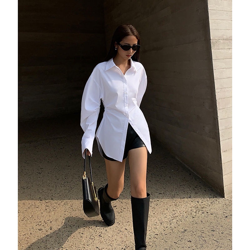 Áo Sơ Mi Trắng Thiết Kế Nhấn Eo Thời Trang Xuân Thu Cho Nữ