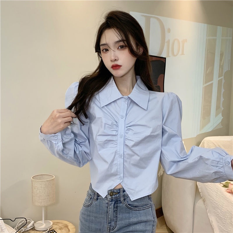 Áo sơ mi trắng IELGY tay dài dáng ngắn thời trang kiểu Pháp cho nữ