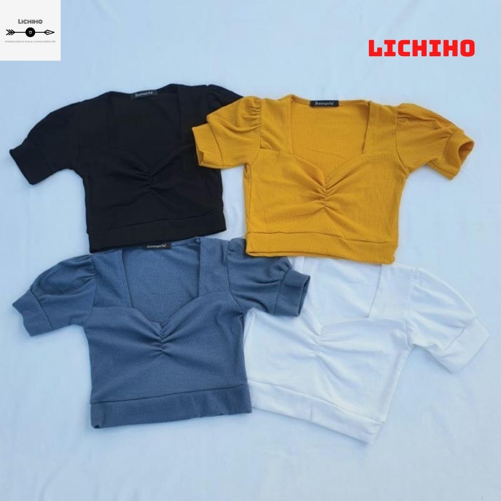 Áo croptop nữ tay phồng cổ vuông CT02 LICHIHO nhún ngược chất vải tốt mịn màn chất lượng quyến rủ | BigBuy360 - bigbuy360.vn