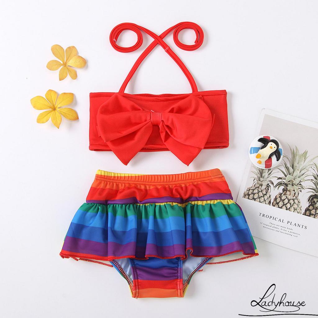 Ld-bộ Đồ Bơi Hai Mảnh Áo Cổ Yếm Và Quần Ngắn In Họa Tiết Màu Hồng/Đỏ/Cam Cho Bé Gái