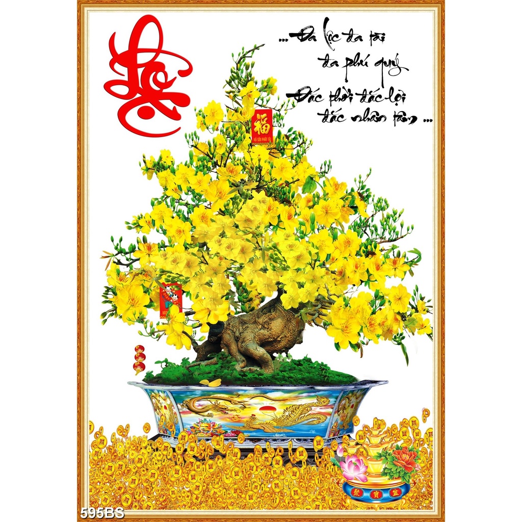 Tranh Dán Tường 3D Cây Mai Ngày Tết -595BS- Có In Theo Yêu Cầu- Tranh 3d Trang trí nhà cửa