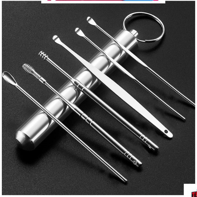Bộ dụng cụ lấy ráy tai chuyên nghiệp 6 món cao cấp bằng thép không rỉ- Tặng kèm hộp đựng hình trụ treo khóa có sẵn