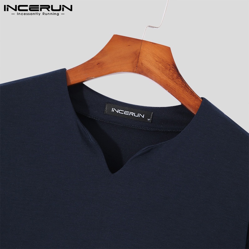 Áo INCERUN dài tay cổ chữ V màu trơn thời trang mùa xuân dành cho nam có 4 màu tùy chọn