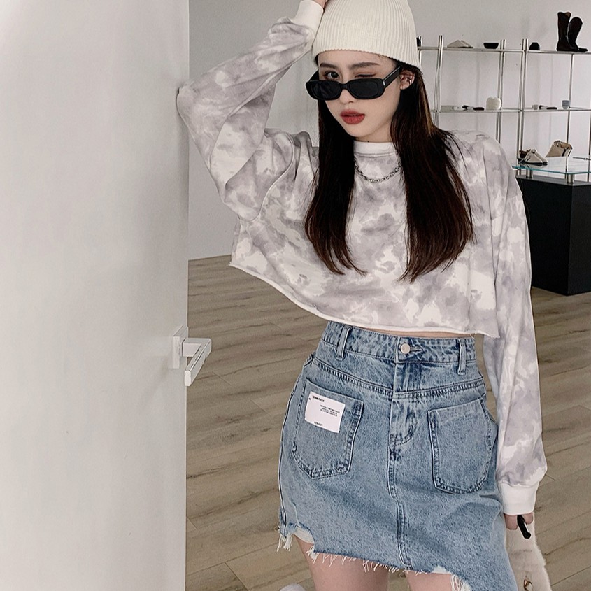 Set Áo Sweater Dáng Ngắn Phối chân váy jean Phong Cách Hàn Quốc