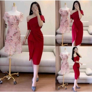 Đầm đỏ lệch vai xếp bèo umi cao cấp tôn dáng siêu xinh