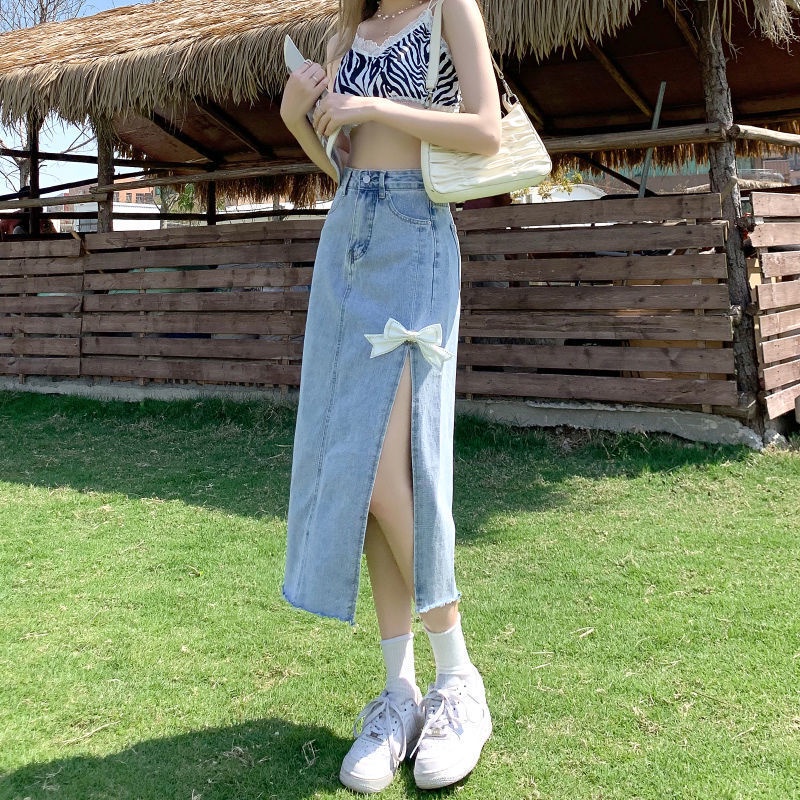 Jiashucheng Chân Váy Denim Lưng Cao Dáng Ôm Xẻ Tà Thời Trang Mùa Hè 2022 Phong Cách Mới