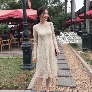 Đầm ren 2 lớp Rubi fashion đầm tay dài dáng chữ A khuy bọc cao cấp V215