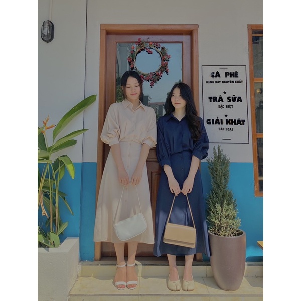 [Có sẵn] Váy sơ mi be/xanh tím than