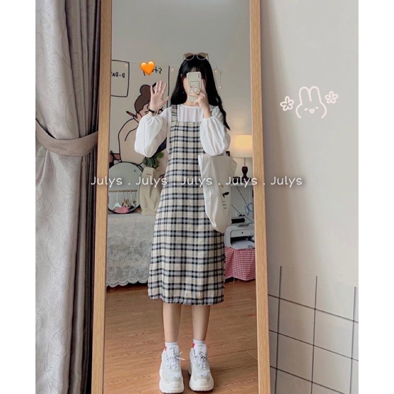 SV007 Set áo trắng tay bồng yếm 2 dây màu be kẻ caro Bộ váy hai dây dài qua gối áo sơ mi không cổ Ulzzang cute trẻ đẹp