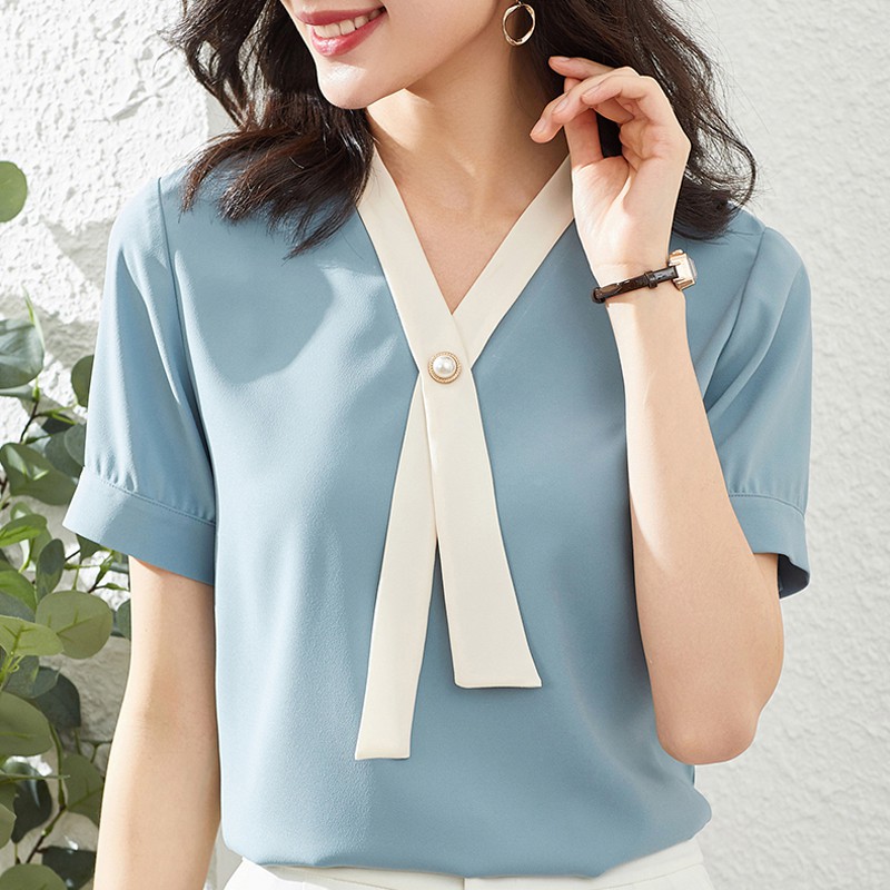 Áo sơ mi nữ công sở ngắn tay Chunxuu, thiết kế cổ V phối cúc chất lụa đẹp - SP03