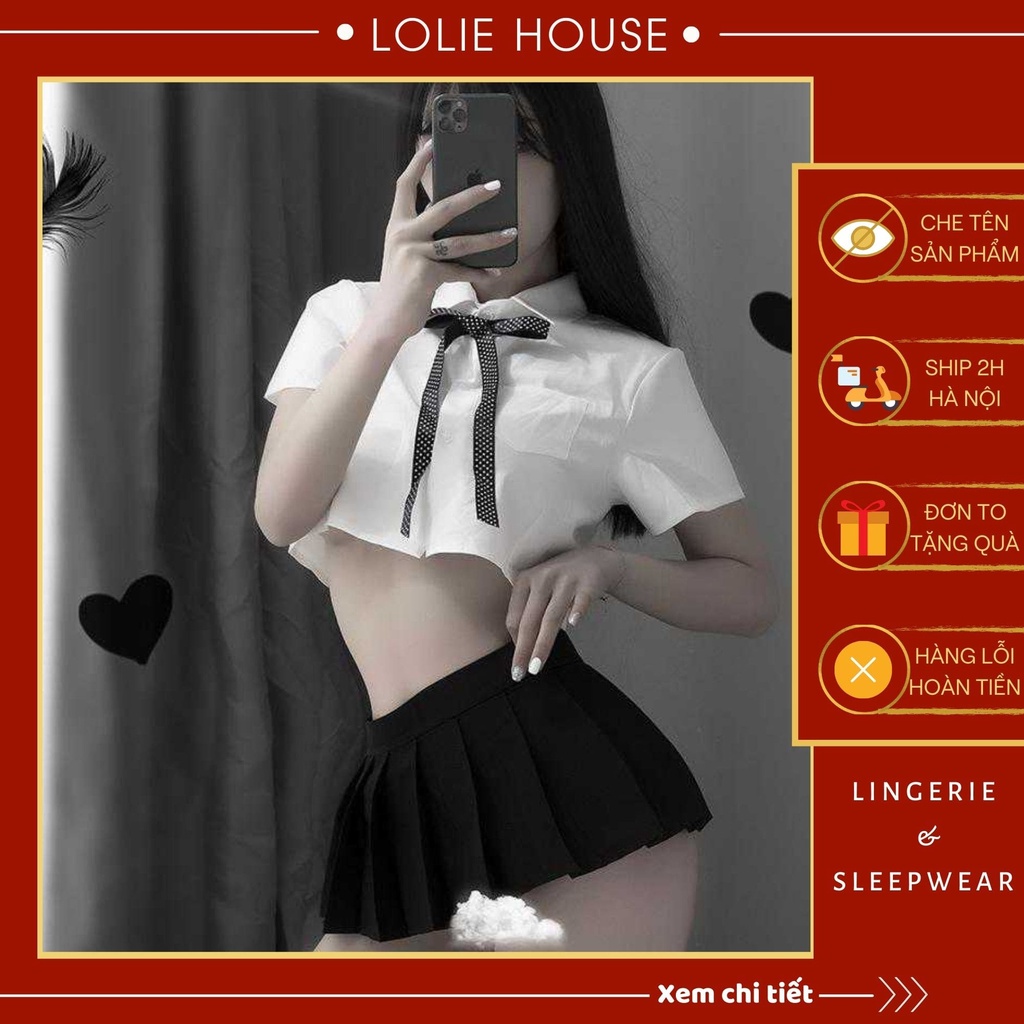 Cosplay học sinh sexy gợi cảm gồm áo trắng có kèm nơ cổ và váy quây đen LOLIE HOUSE - CP43 thumbnail