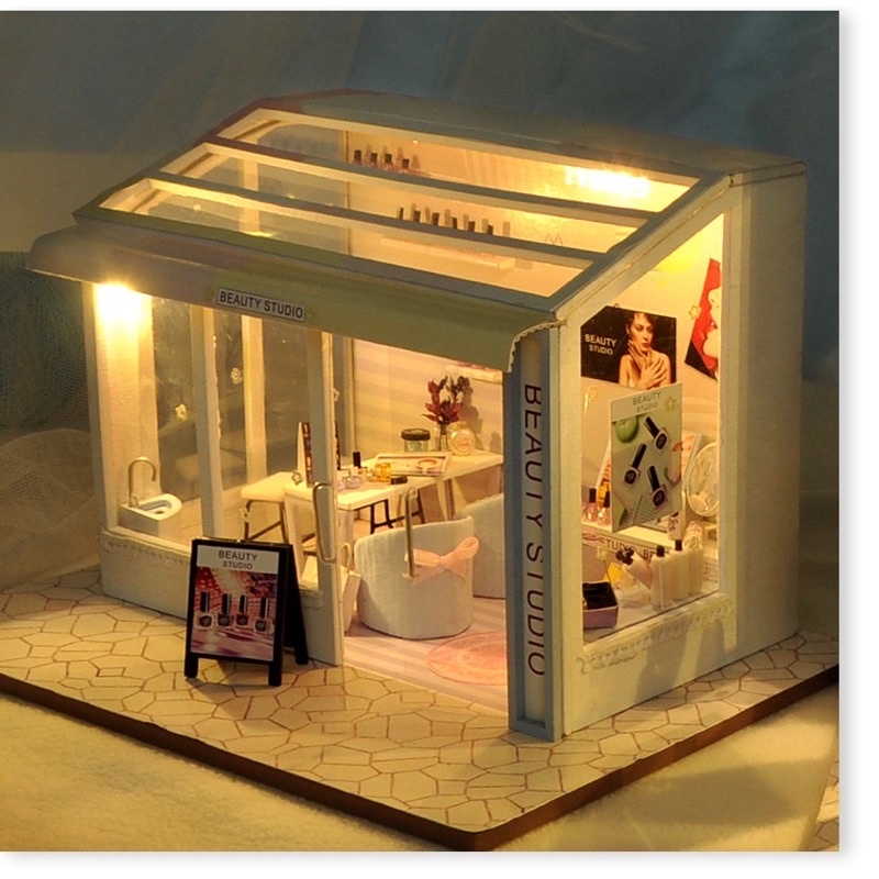 (Tặng mica,keo sữa,đèn)Mô hình đô chơi nhà búp bê bé tự lắp ráp tiệm nail Diy doll house TD36