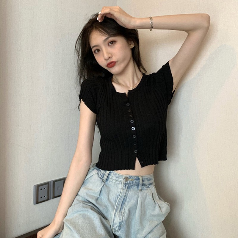 Áo Croptop tay ngắn dáng ôm body phong cách Ulzzang cổ tim chất len tăm phối nút nhiều màu thời trang