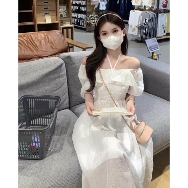 ĐẦM TRẮNG BO CHUN BẸT VAI BÈO NGỰC MIDI