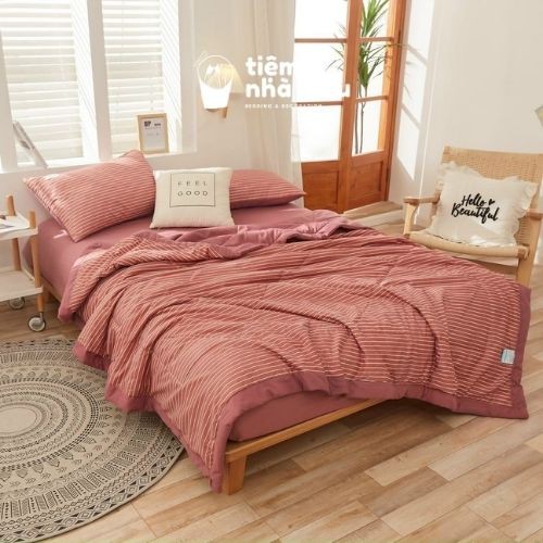 ( Ảnh Thật - Kèm Chăn Hè Mới ) Set Chăn Ga Gối Cottton Tici - Cotton Basic Vintage Caro Cao Cấp Full Size - Màu