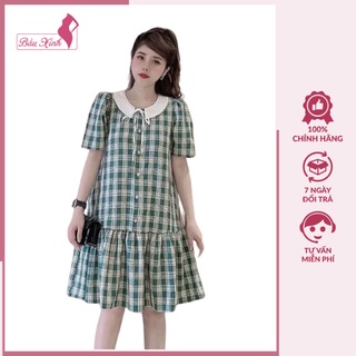 Váy bầu công sở - đầm bầu mùa hè kẻ xanh chất thô hàn mềm mịn BN45