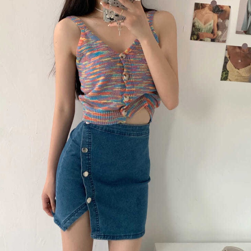 Áo Croptop Dệt Kim Không Tay Cổ Chữ V Họa Tiết Kẻ Sọc Nhiều Màu Sắc Phong Cách Vintage