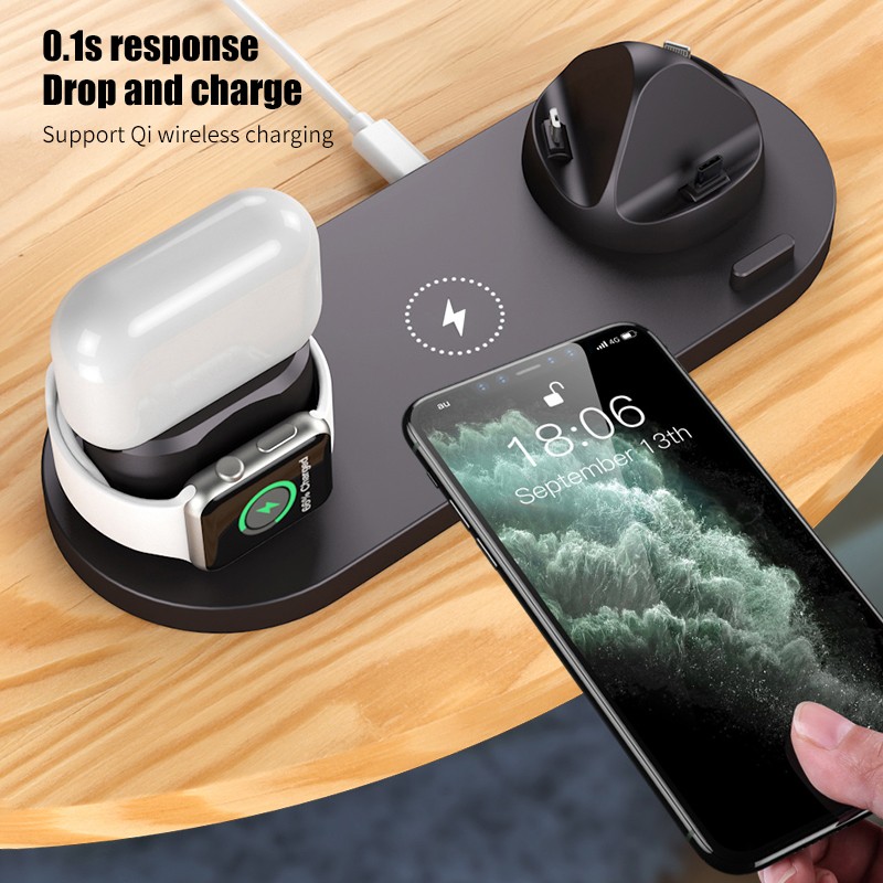 Đế Sạc Không Dây Qi 6 Trong 1 10w Cho Iphone / Android / Đồng Hồ Apple Watch Airpods