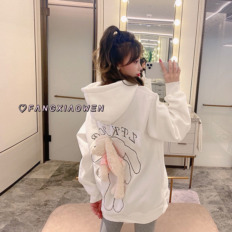 Đầm hoodie dáng rộng phối lông thỏ ba chiều thời trang xuân thu Hàn Quốc 2021 cho nữ