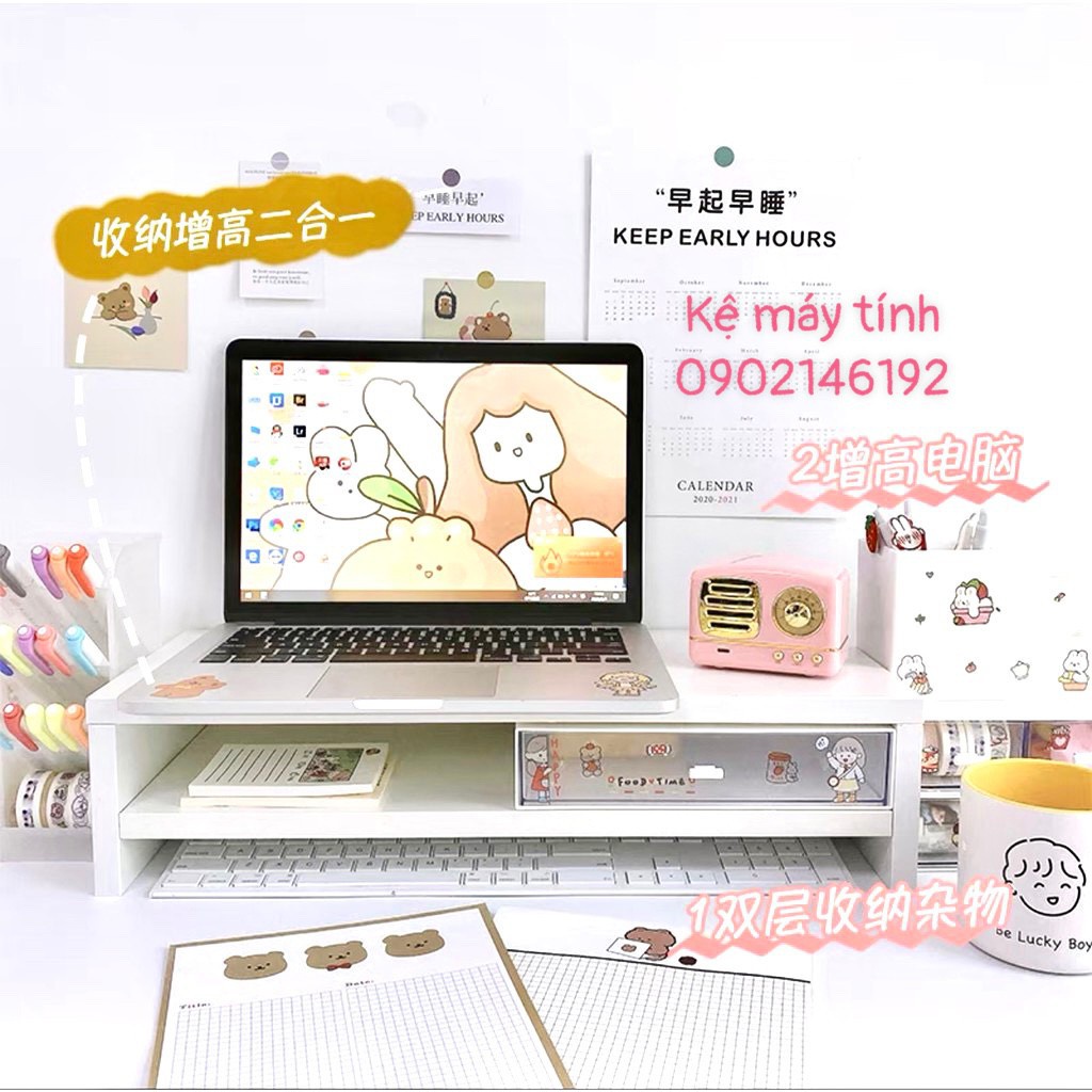Combo Kệ sách trang trí ba tầng trang trí & Kệ máy tính để bàn