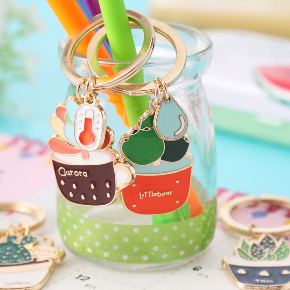 Móc Khóa Hình Chậu Cây Xương Rồng Tráng Men Độc Đáo