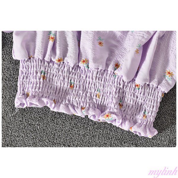 Áo sơ mi ngắn tay in hoa cúc nhỏ thắt nơ, áo sơ mi tay phồng