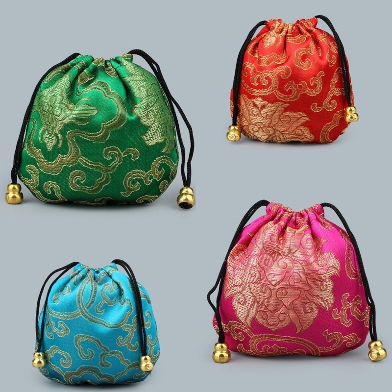 Túi dây rút mini đựng trang sức/kẹo chất liệu satin thêu họa tiết
