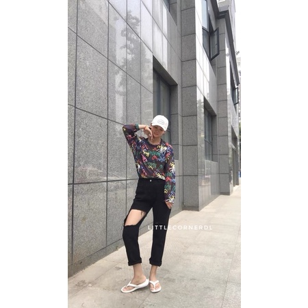 Quần Slim Jean Đen Rách Đùi Ống Suông Vải Mềm Lưng Cao Ulzzang