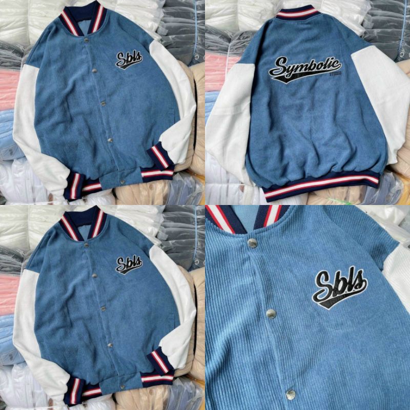 Áo Khoác Nhung Kaki Kiểu Bomber Rộng Unisex Hàn Quốc -Thêu SBLS Symbolic -Nam Nữ Cặp Đôi Mặc Thu Đông